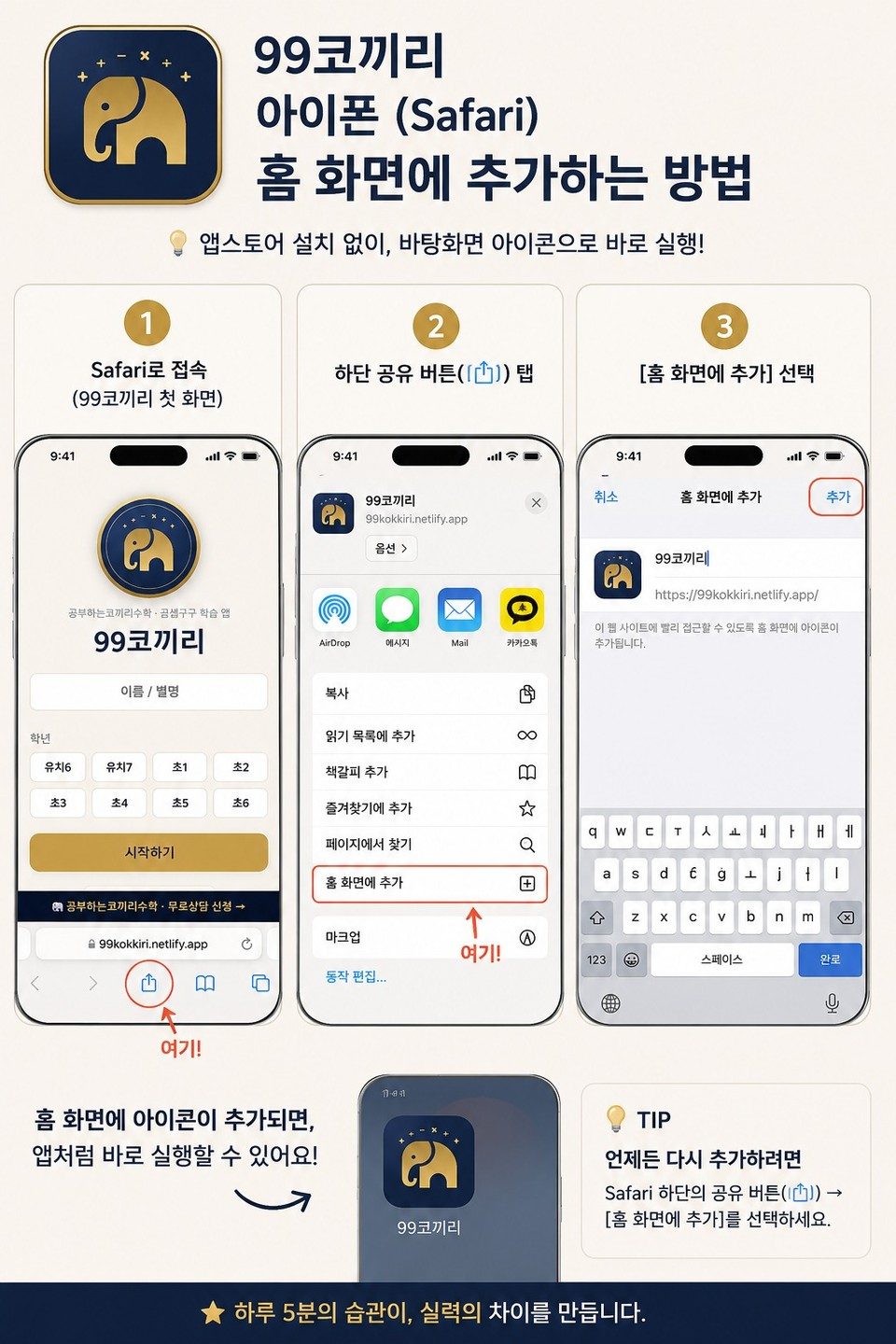 99코끼리 앱 아이폰 설치 안내. 앱스토어 설치 없이 바탕화면 아이콘으로 바로 실행. 아이폰은 Safari로 접속한 뒤 하단 공유 버튼을 누르고 홈 화면에 추가를 선택한다.