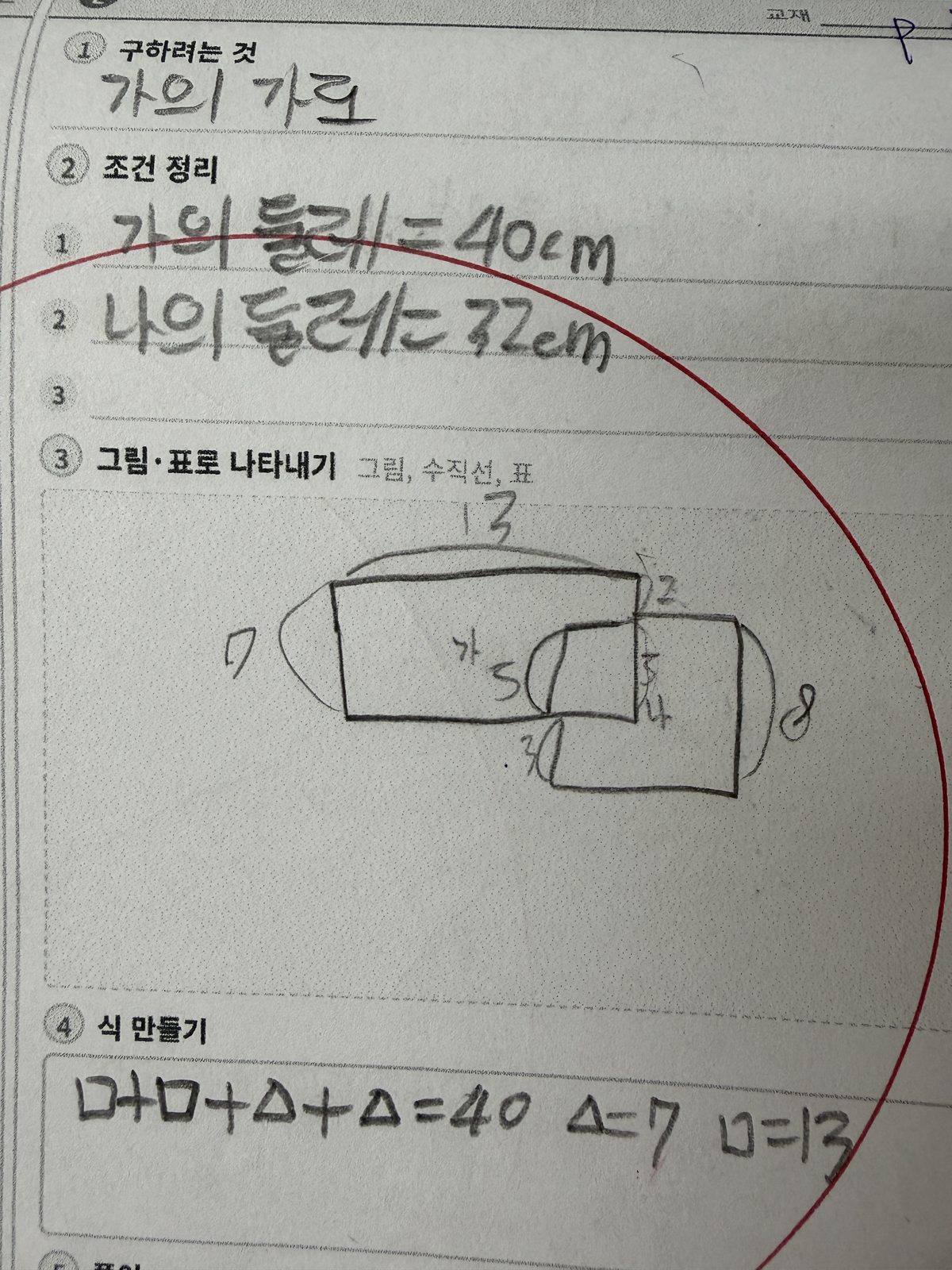서술형 풀이 노트 2. 구하려는 것과 조건 정리를 각각 적고, 도형을 직접 그려 길이를 표시한 뒤 식 만들기 칸에서 답을 구했다.